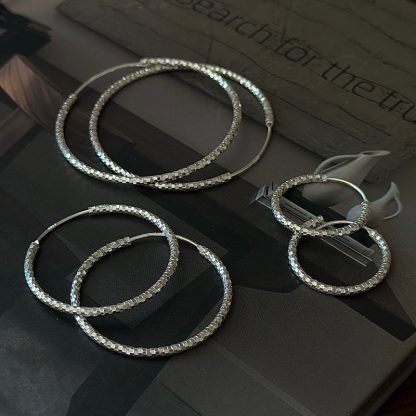 Geometric Textured  Sparkling Diamond Cut Circle Design  925 Sterling Silver  Hoop Earrings