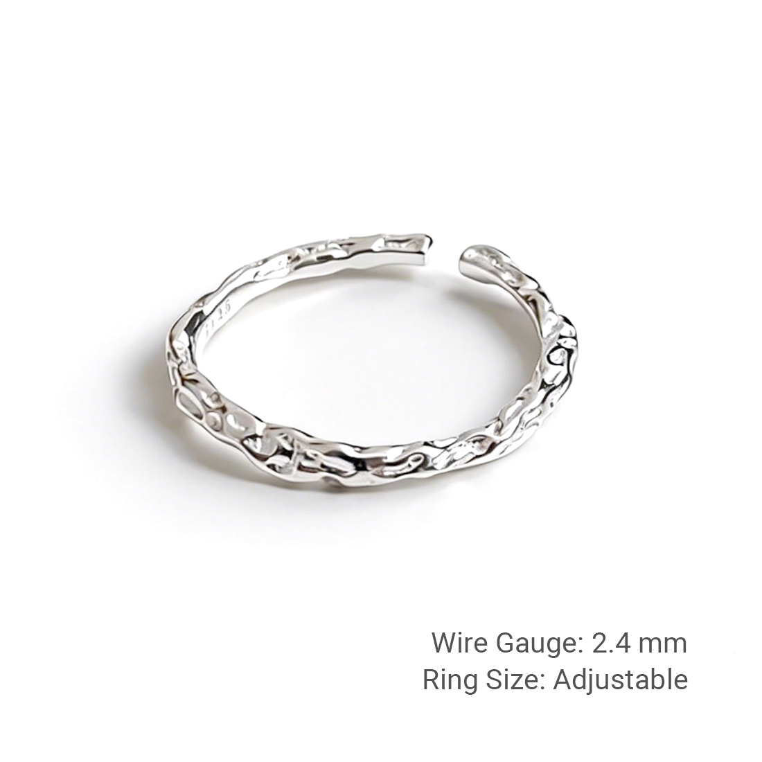 Elegant Modern Fashion Jewelry Minimalist Textured Design Open 925 Sterling Silver Adjustable Ring