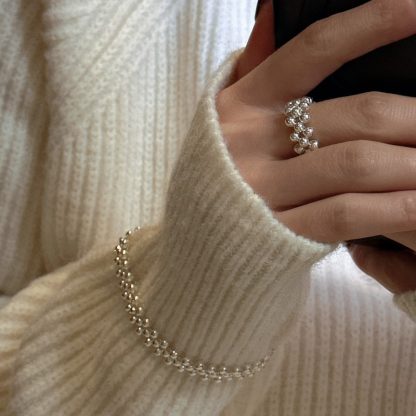 Modern Fashion Jewelry Geometric Beaded Design Adjustable 925 Sterling Silver Ring