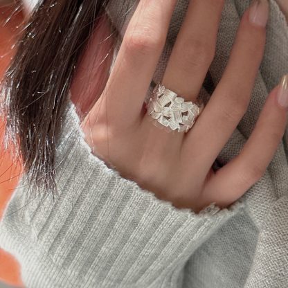 Geometric Pattern Matte Finish 925 Sterling Silver Adjustable Ring