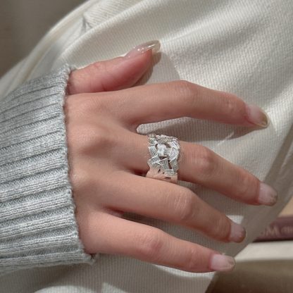 Geometric Pattern Matte Finish 925 Sterling Silver Adjustable Ring