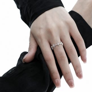 Cubic Zirconia Four-Pointed Star Cross Openwork Minimalist Cool Style S925 Sterling Silver Adjustable Ring