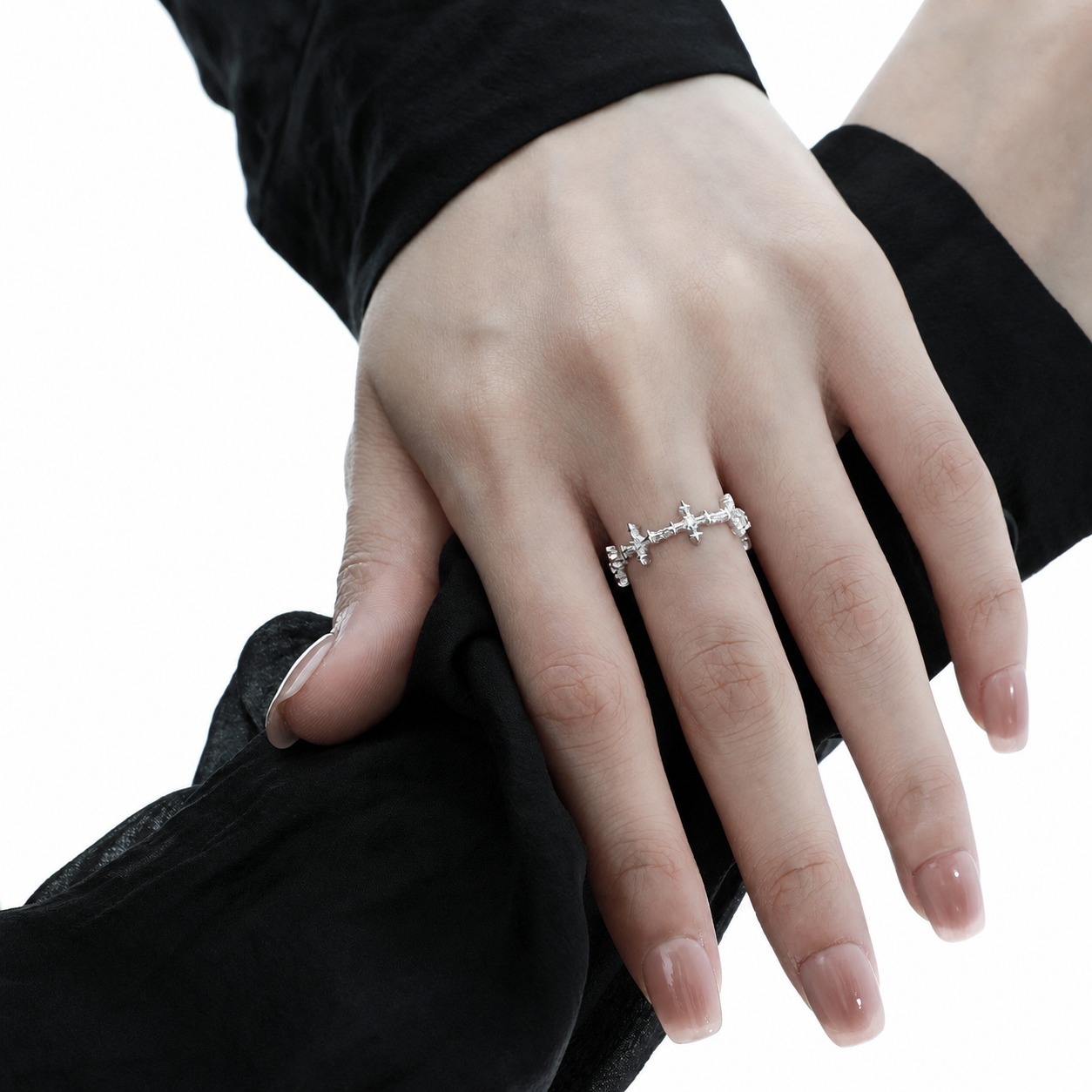 Cubic Zirconia Four-Pointed Star Cross Openwork Minimalist Cool Style S925 Sterling Silver Adjustable Ring