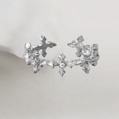 Cubic Zirconia Four-Pointed Star Cross Openwork Minimalist Cool Style S925 Sterling Silver Adjustable Ring