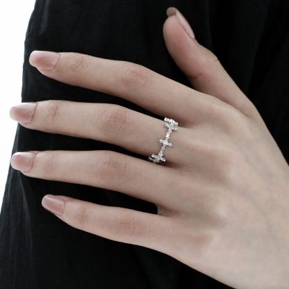 Cubic Zirconia Four-Pointed Star Cross Openwork Minimalist Cool Style S925 Sterling Silver Adjustable Ring