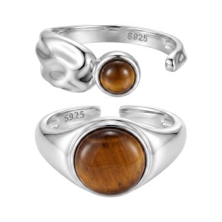 Natural Tiger’s Eye 925 Sterling Silver Natural Stone Adjustable Open Band Wide Rimmed Leaf-Shaped Twisted Ring