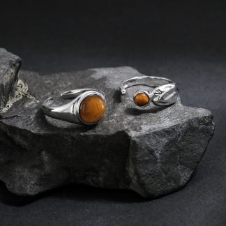 Natural Tiger’s Eye 925 Sterling Silver Natural Stone Adjustable Open Band Wide Rimmed Leaf-Shaped Twisted Ring