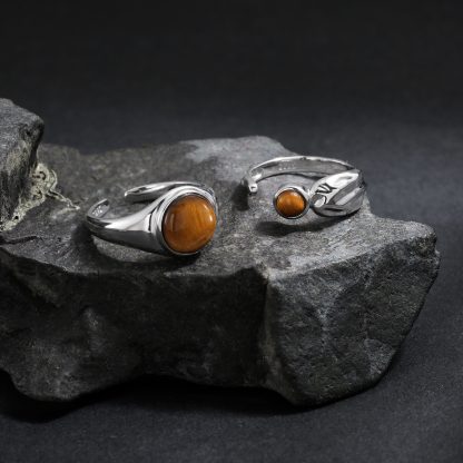 Natural Tiger's Eye 925 Sterling Silver Natural Stone Adjustable Open Band Wide Rimmed Leaf-Shaped Twisted Ring