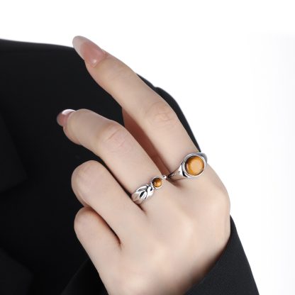Natural Tiger's Eye 925 Sterling Silver Natural Stone Adjustable Open Band Wide Rimmed Leaf-Shaped Twisted Ring