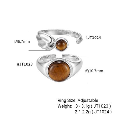 Natural Tiger's Eye 925 Sterling Silver Natural Stone Adjustable Open Band Wide Rimmed Leaf-Shaped Twisted Ring