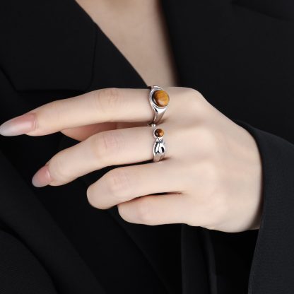 Natural Tiger's Eye 925 Sterling Silver Natural Stone Adjustable Open Band Wide Rimmed Leaf-Shaped Twisted Ring