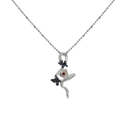 Snake Butterfly Zircon and Red Gemstone Flower Pendant on a 925 Sterling Silver Necklace