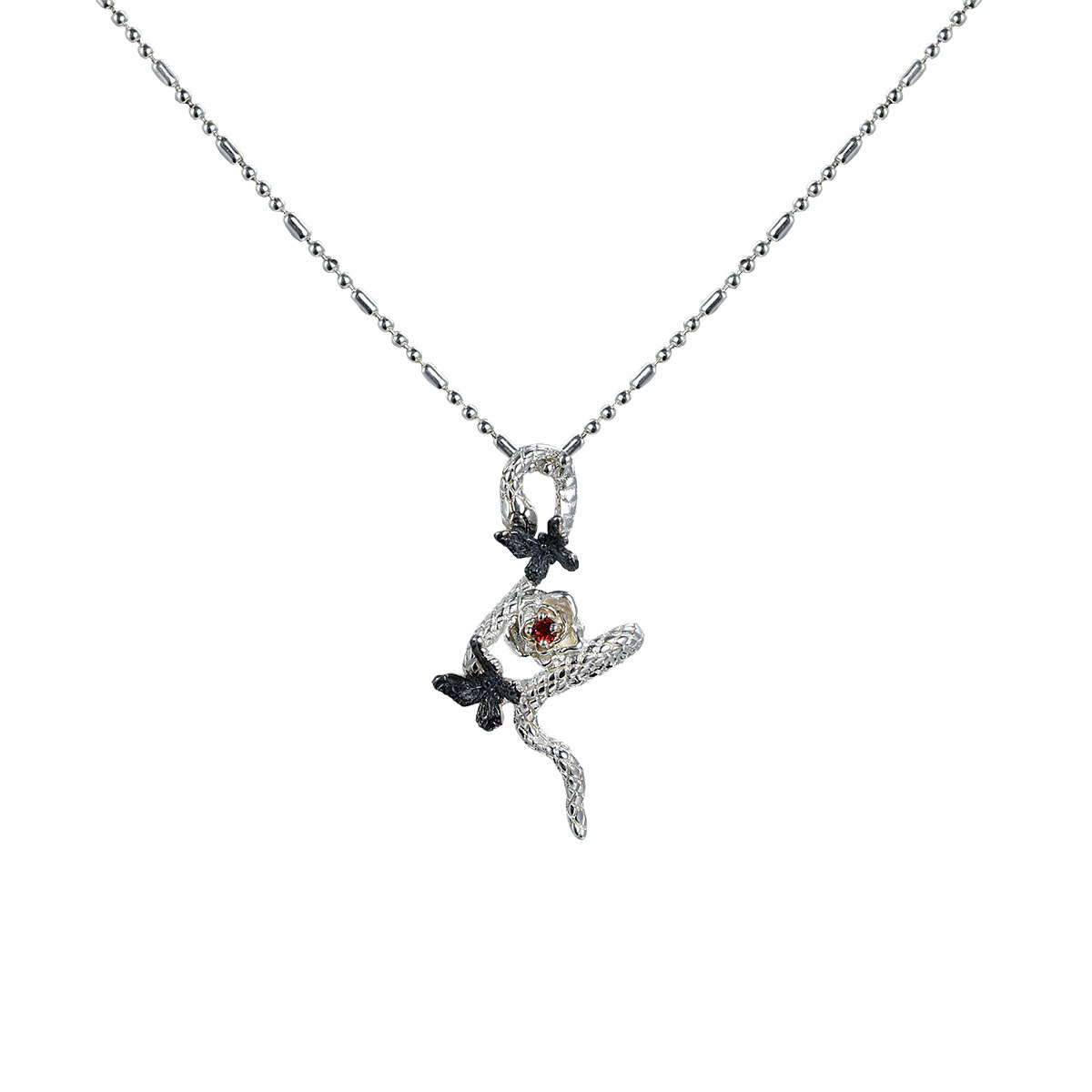 Snake Butterfly Zircon and Red Gemstone Flower Pendant on a 925 Sterling Silver Necklace