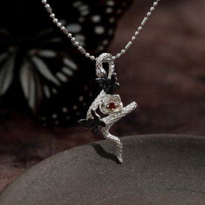 Snake Butterfly Zircon and Red Gemstone Flower Pendant on a 925 Sterling Silver Necklace