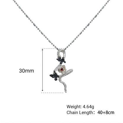 Snake Butterfly Zircon and Red Gemstone Flower Pendant on a 925 Sterling Silver Necklace