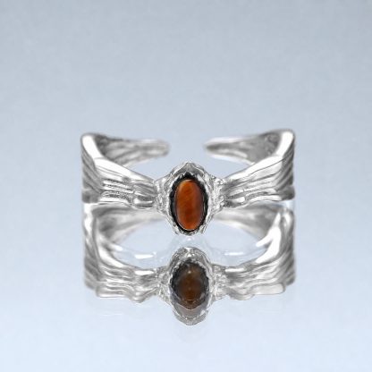 Natural Brown Tiger Eye Oval Cabochon 925 Sterling Silver Ring with Wavy Texture and Openwork Design  Ring