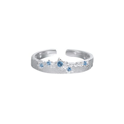 Brushed Texture Star Pattern Blue Cubic Zirconia 925 Sterling Silver Adjustable Ring