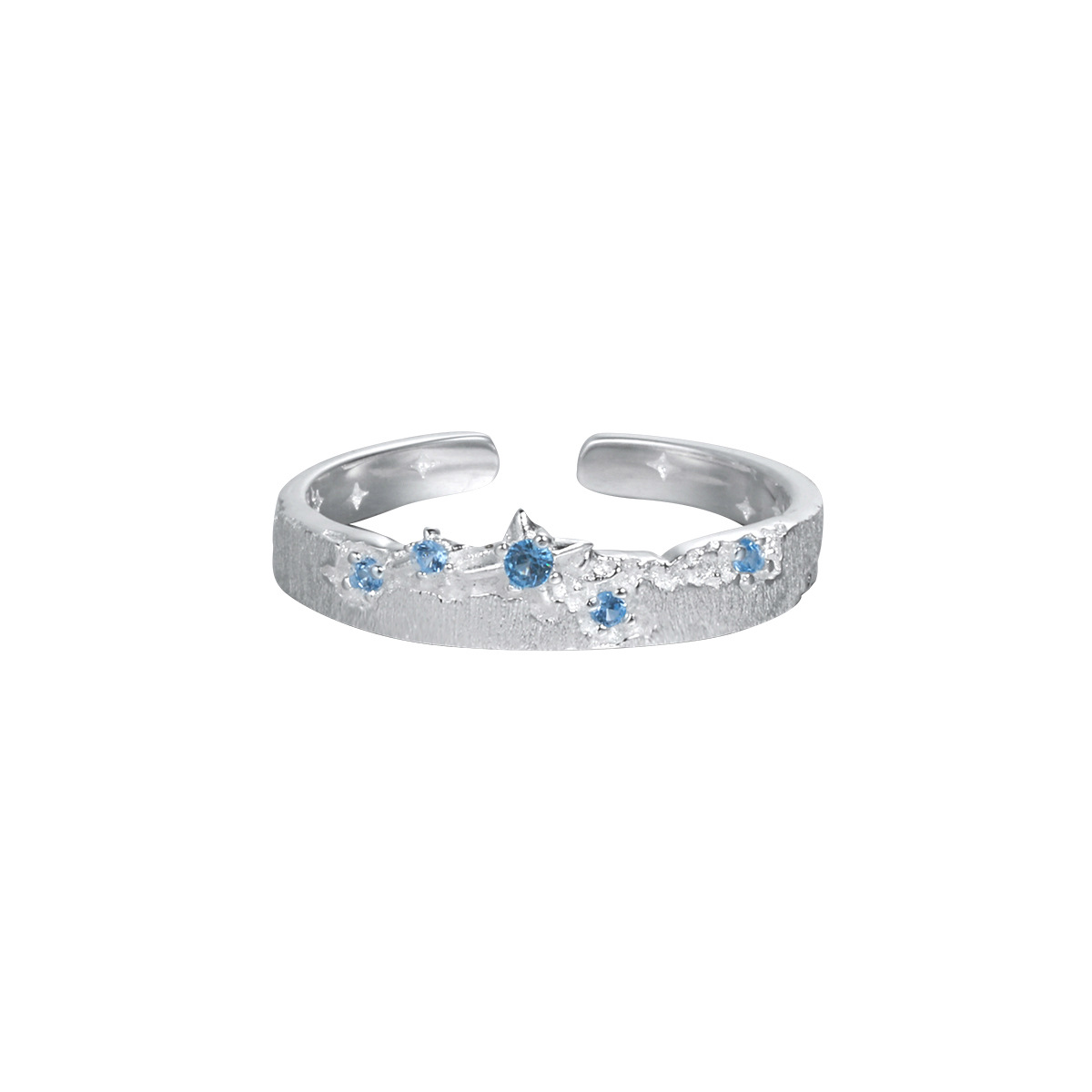 Brushed Texture Star Pattern Blue Cubic Zirconia 925 Sterling Silver Adjustable Ring
