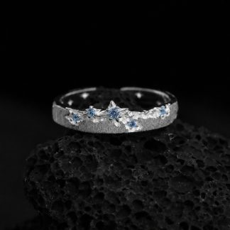 Brushed Texture Star Pattern Blue Cubic Zirconia 925 Sterling Silver Adjustable Ring