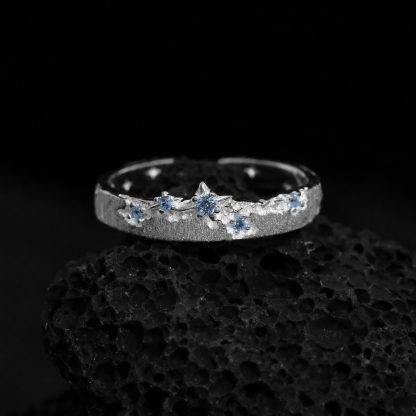 Brushed Texture Star Pattern Blue Cubic Zirconia 925 Sterling Silver Adjustable Ring