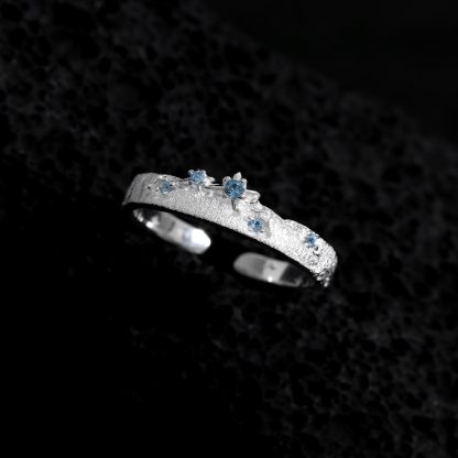 Brushed Texture Star Pattern Blue Cubic Zirconia 925 Sterling Silver Adjustable Ring