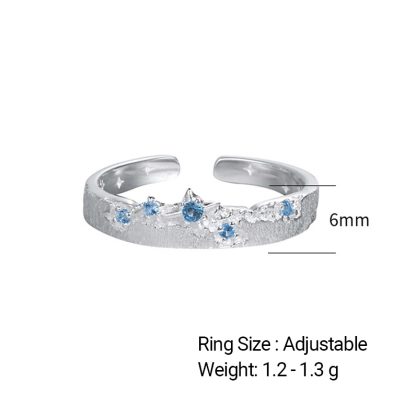 Brushed Texture Star Pattern Blue Cubic Zirconia 925 Sterling Silver Adjustable Ring