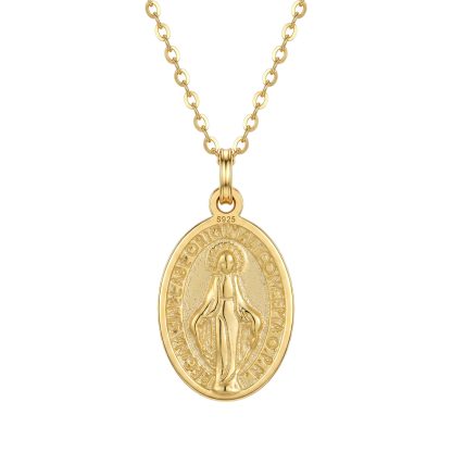 Religious Oval Virgin Mary Medallion S925 Sterling Silver Adjustable Chain Necklace