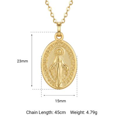 Religious Oval Virgin Mary Medallion S925 Sterling Silver Adjustable Chain Necklace