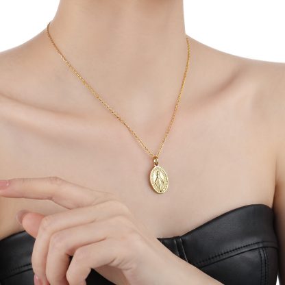Religious Oval Virgin Mary Medallion S925 Sterling Silver Adjustable Chain Necklace
