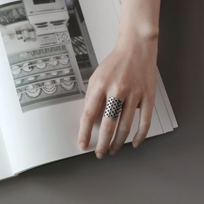Retro Geometry Hollow Rectangle 925 Sterling Silver Adjustable Ring