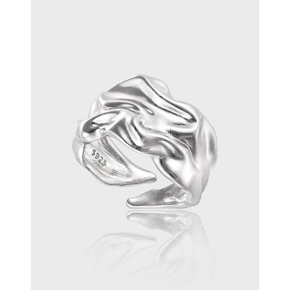 Pure Metal Irregular Wrinkled Textured Wide Band Open Adjustable Ring