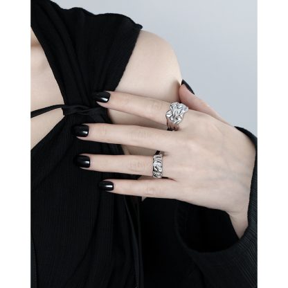 Pure Metal Irregular Wrinkled Textured Wide Band Open Adjustable Ring