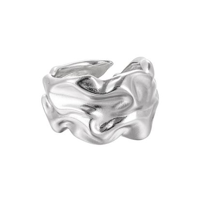 Pure Metal Irregular Wrinkled Textured Wide Band Open Adjustable Ring