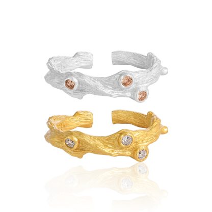Irregular Textured Branch Cubic Zirconia S925 Sterling Silver Adjustable Ring