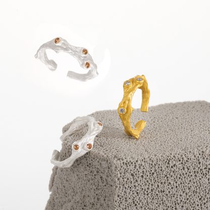 Irregular Textured Branch Cubic Zirconia S925 Sterling Silver Adjustable Ring