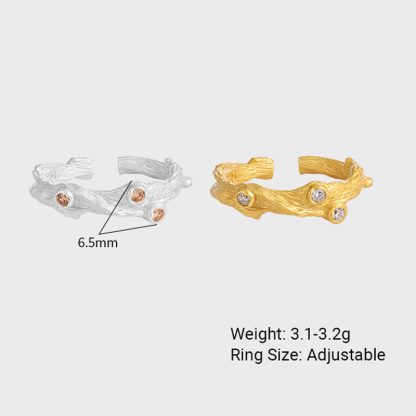 Irregular Textured Branch Cubic Zirconia S925 Sterling Silver Adjustable Ring