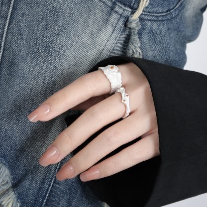 Irregular Textured Branch Cubic Zirconia S925 Sterling Silver Adjustable Ring