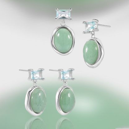 Elegant Natural Green Oval Aventurine CZ 925 Sterling Silver Dangling Earrings