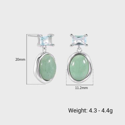 Elegant Natural Green Oval Aventurine CZ 925 Sterling Silver Dangling Earrings