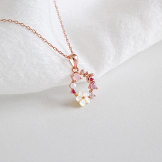 Beautiful Pink CZ White Shell Flower Garland 925 Sterling Silver Necklace
