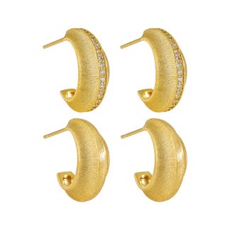 Modern Minimalist Matte Finish Geometric Cubic Zirconia in 925 Sterling Silver and 18K Gold Plated Hoop Earrings