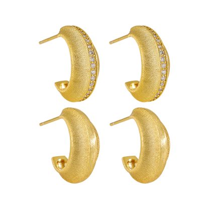 Modern Minimalist Matte Finish Geometric Cubic Zirconia in 925 Sterling Silver and 18K Gold Plated Hoop Earrings