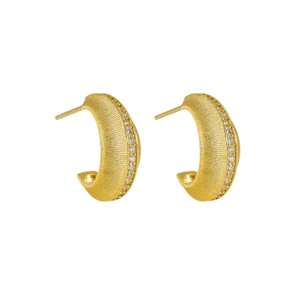 Modern Minimalist Matte Finish Geometric Cubic Zirconia in 925 Sterling Silver and 18K Gold Plated Hoop Earrings
