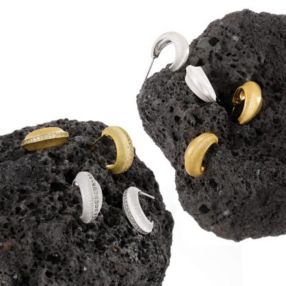 Modern Minimalist Matte Finish Geometric Cubic Zirconia in 925 Sterling Silver and 18K Gold Plated Hoop Earrings