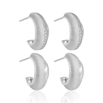 Modern Minimalist Matte Finish Geometric Cubic Zirconia in 925 Sterling Silver and 18K Gold Plated Hoop Earrings