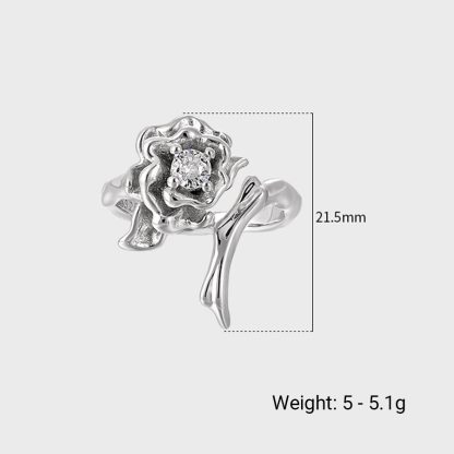Vintage Thorn CZ Rose Flower 925 Sterling Silver Adjustable Ring