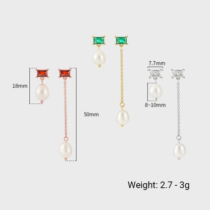Asymmetrical Geometry Baguette CZ Oval Shell Pearl 925 Sterling Silver Dangling Earrings