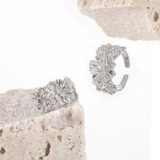 Women Beautiful CZ Flowers 925 Sterling Silver Adjustable Ring