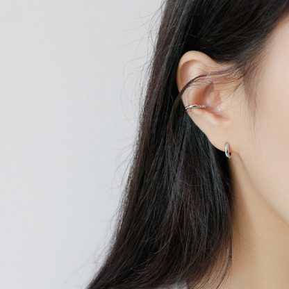Geometric Design Textured 925 Sterling Silver Adjustable Ear Cuffs (Single)