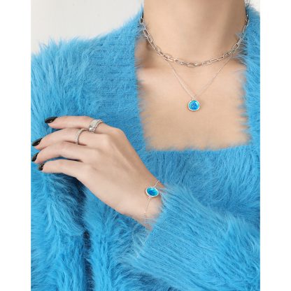 Ocean Series Blue Enamel Irregular Round 925 Sterling Silver Pendant Necklace
